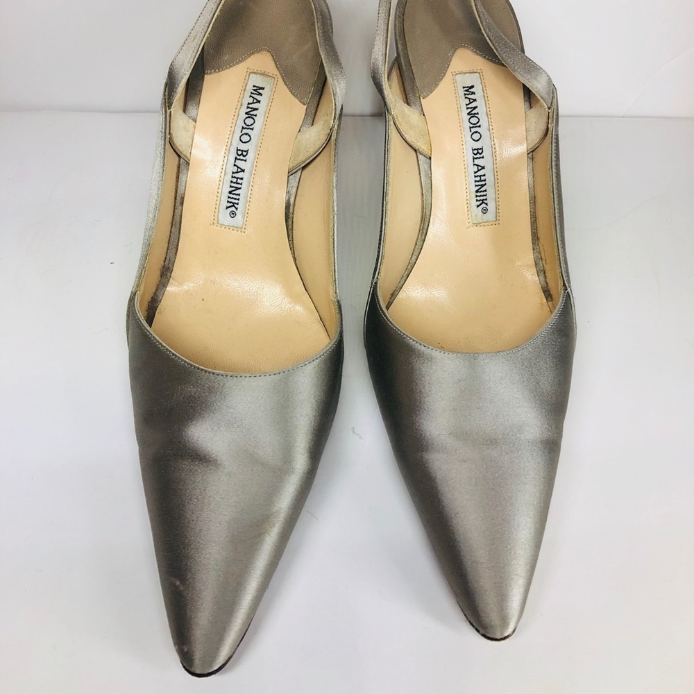 Manolo Blahnik silver satin stilettos